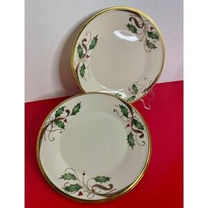 2 Lenox HOLIDAY NOUVEAU Salad Plate (s) Plaid Ribbon Holly Leaves Berries